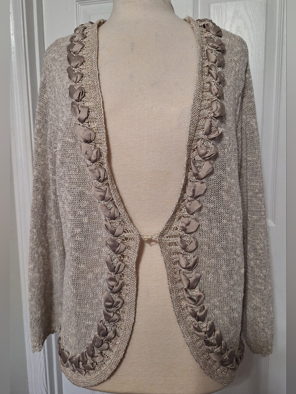 Coldwater Creek Beige Ribbon-Trim Open Cardigan